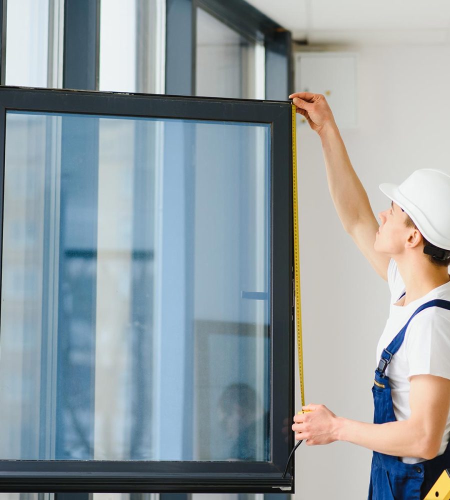 Workman in overalls installing or adjusting plastic windows in the living room at home